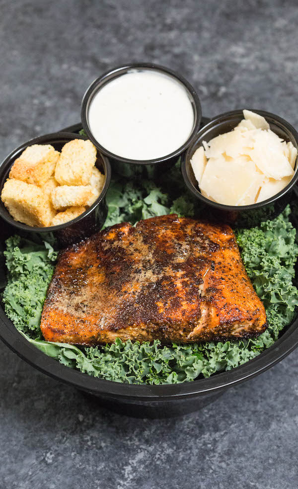 Blackened Salmon Kale Caesar Salad