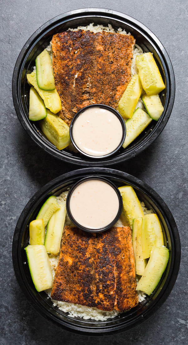 Blackened Salmon Meal Prep Bowl with Cauliflower Rice & Yum Yum Sauce