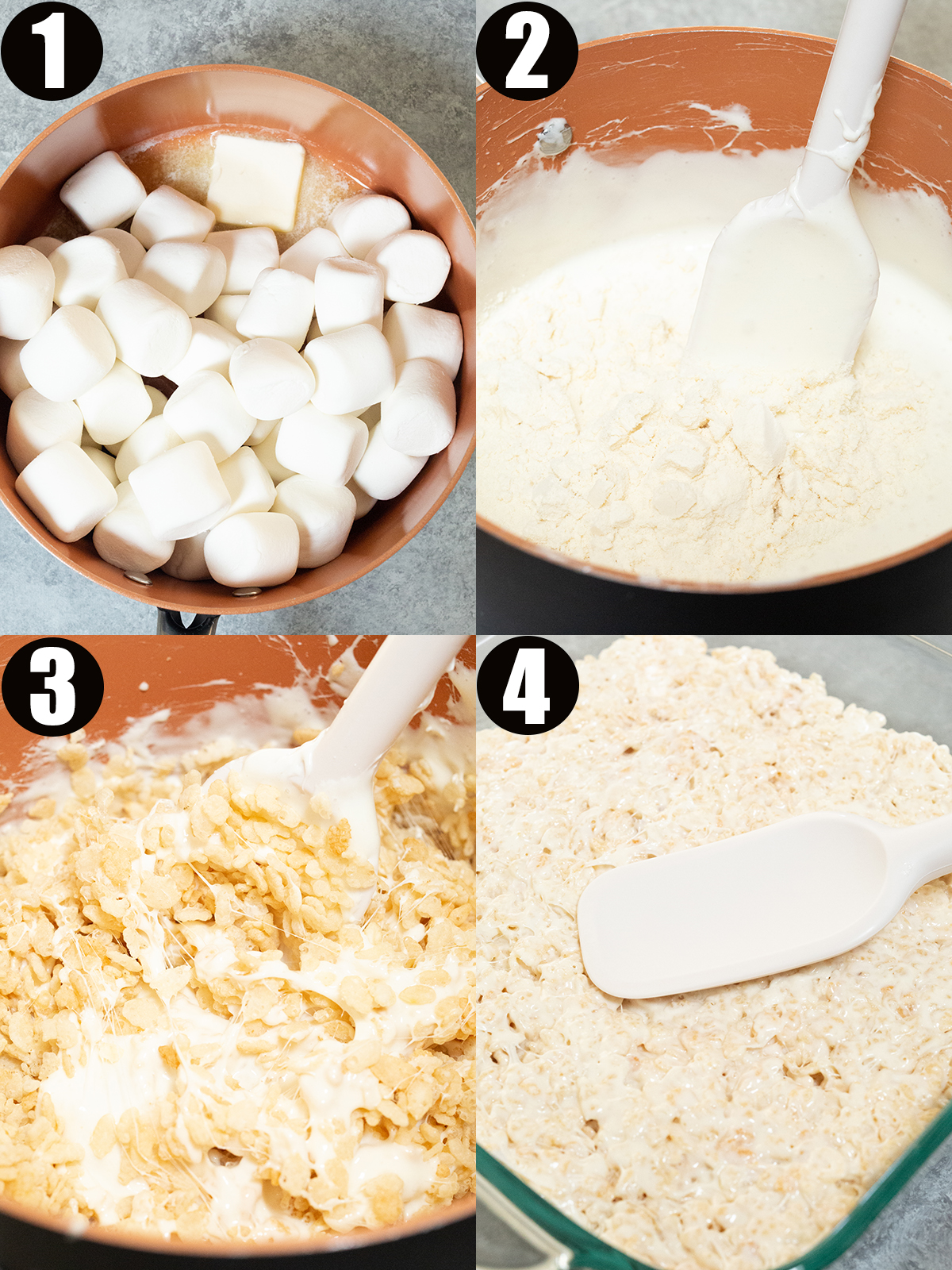 A four photo collage showing the steps to make protein rice krispies.