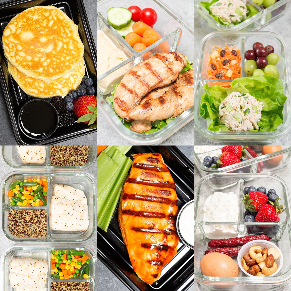 A six photo collage showing two breakfast lunch and dinner meal prep recipes under 1200 calories.