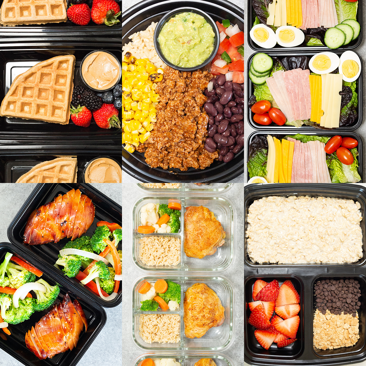 A six photo collage showing some of the dishes in a 1500 calorie meal prep plan.