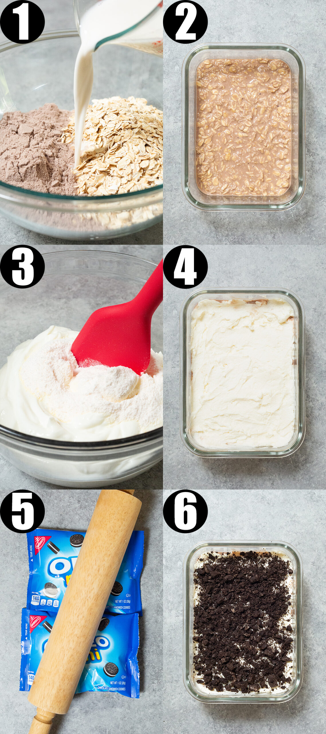 A photo collage showing the six steps to making Oreo overnight oats.